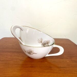 Set of 2 Larchmont Teacups By Sango Japan Pine Branch Design Gold Trim Porcelain